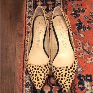 Sole society faux leopard fur wooden heels
